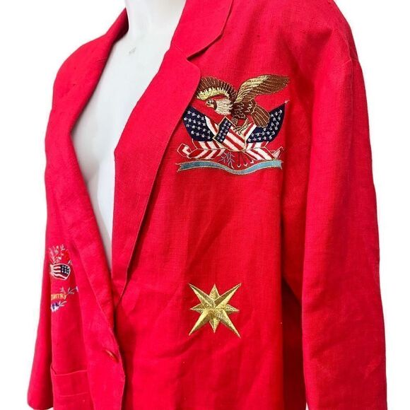 ADAM DOUGLASS Red Vintage Linen Blazer Patriotic My‎ Country Flag Embroidery XL - Picture 3 of 9
